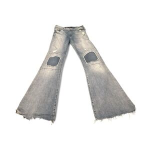 EMG Y2K Distressed Patchwork Flare Jeans Raw hem‎ 90s Grunge Festival size 28x33